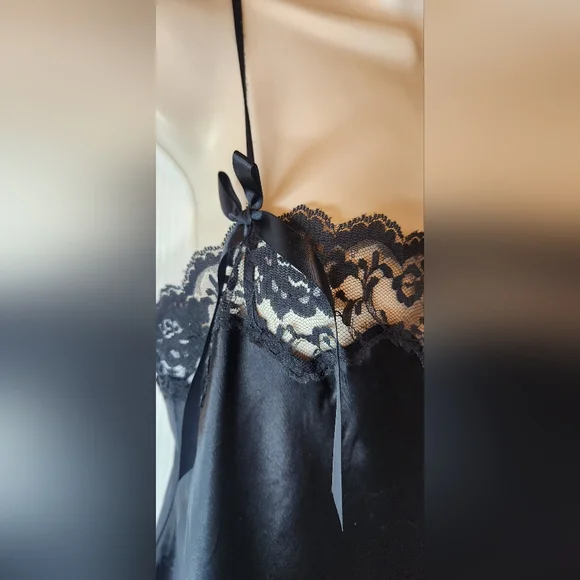 Victoria's Secret Black Satin Chemise with Lace Trim Size Small Nightie - Picture 3 of 7